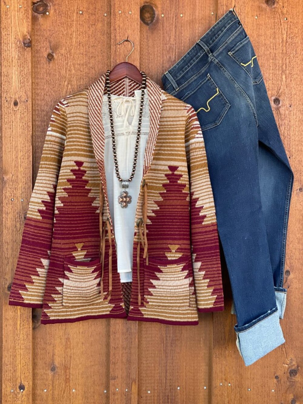 NWoT Cotton & Rye Southwestern Aztec Concho Cardigan Pocket Brown Red